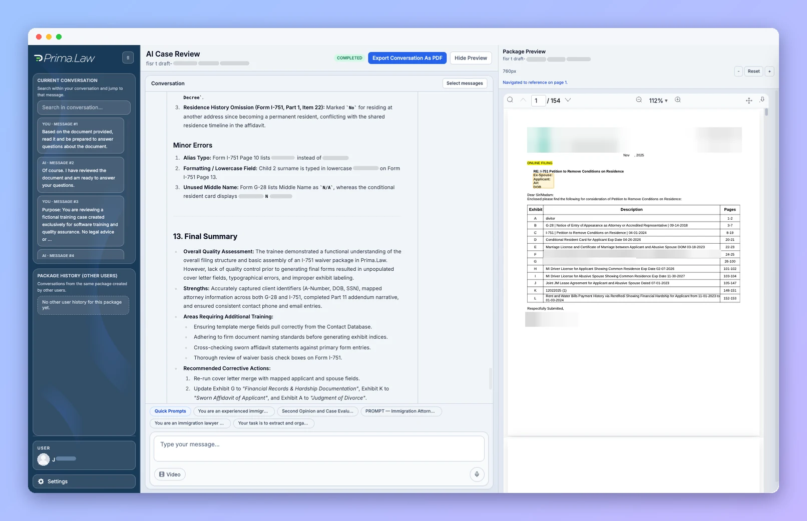 Prima.Law AI Case Review flagging errors and inconsistencies across an assembled I-751 package, with the package preview (anonymized example)