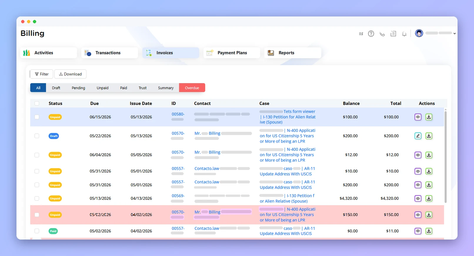 Prima.Law billing invoices list with status, balances and client portal sharing (anonymized example)