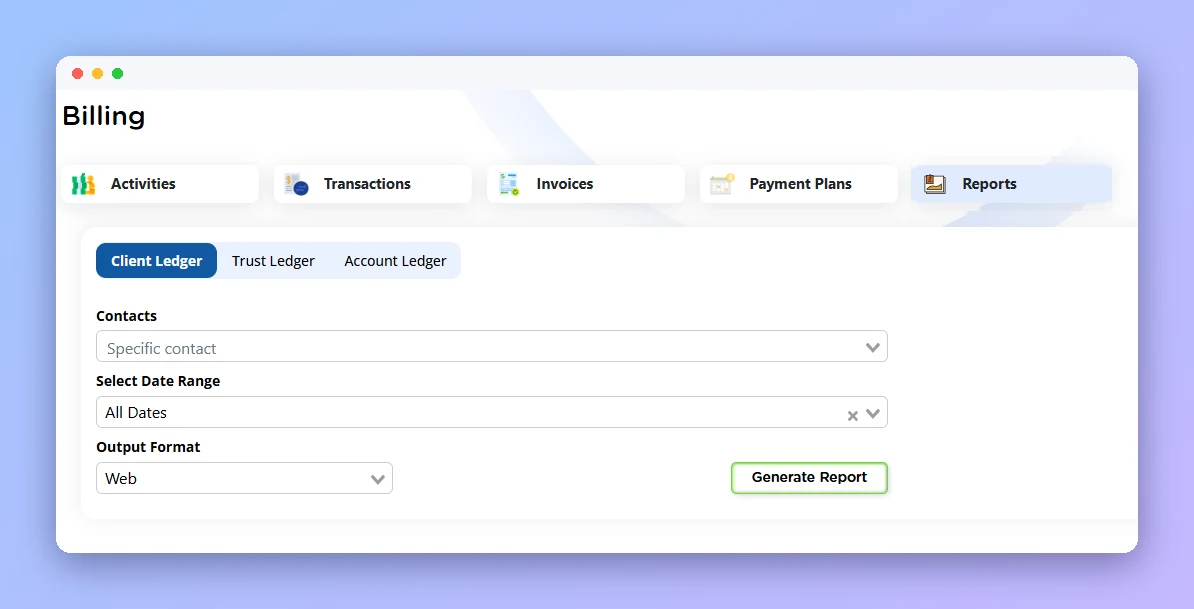 Prima.Law billing reports: client ledger, trust ledger and account ledger