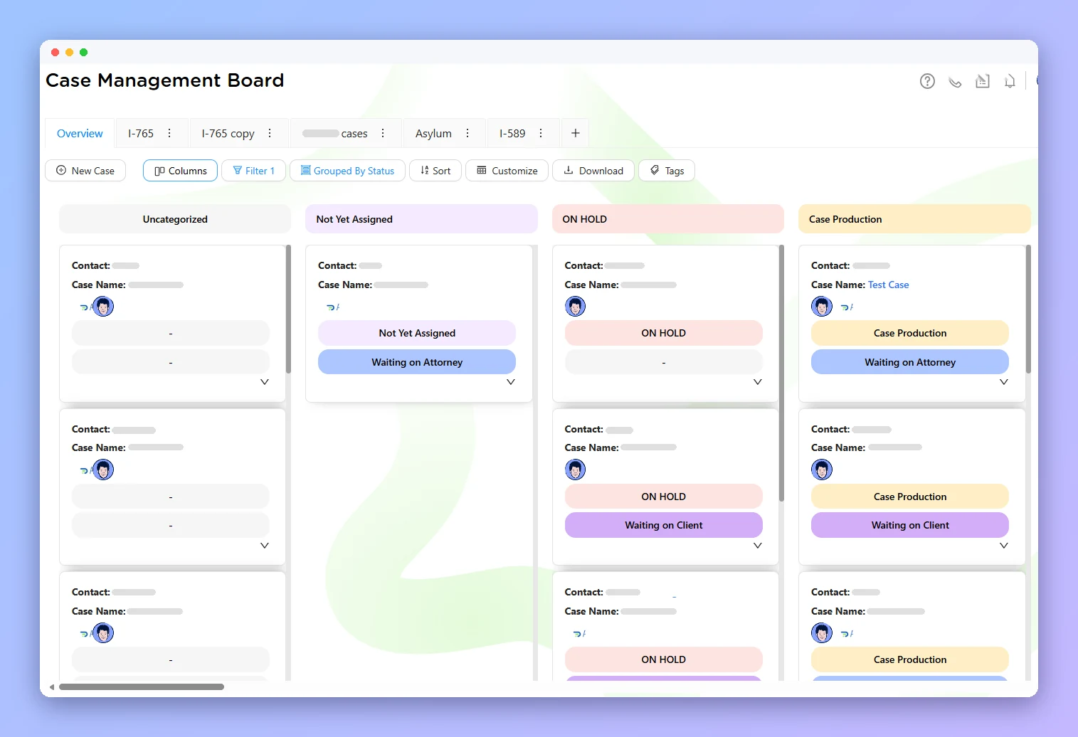 Prima.Law Case Management Board in board view, with cases grouped by status (anonymized example)
