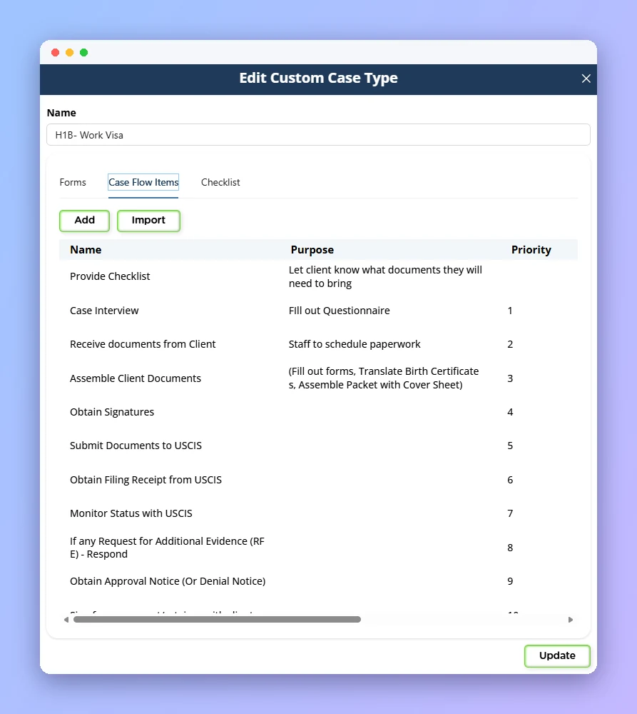 Prima.Law case template with case flow items for an H-1B case (anonymized example)