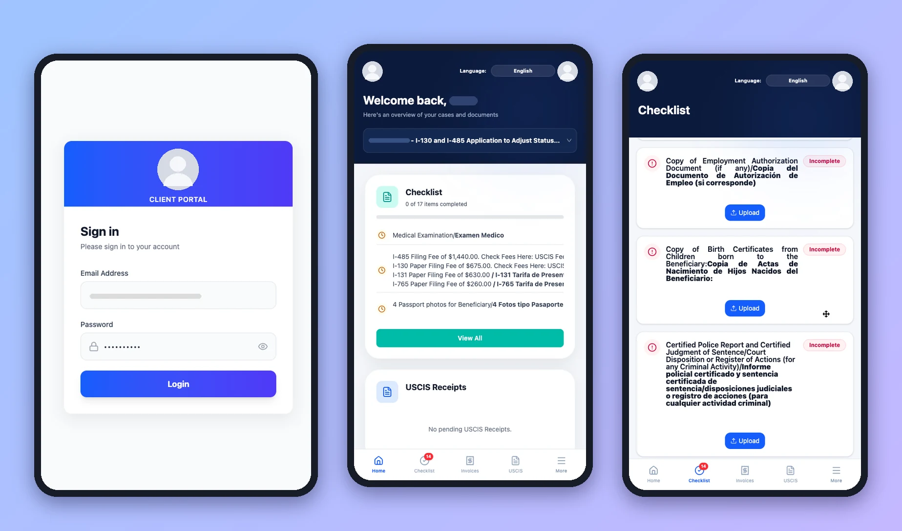 Prima.Law mobile client portal: sign-in, case overview and bilingual document checklist (anonymized example)