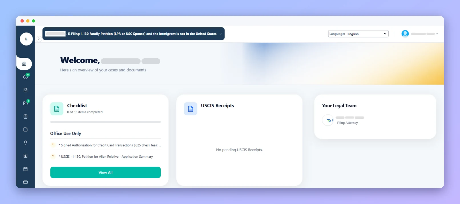 Prima.Law client portal home with checklist, USCIS receipts and legal team (anonymized example)