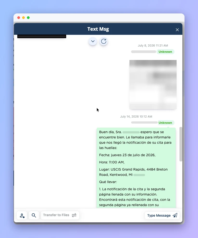 Two-way client text messages in Prima.Law, including a photo sent by the client (anonymized example)