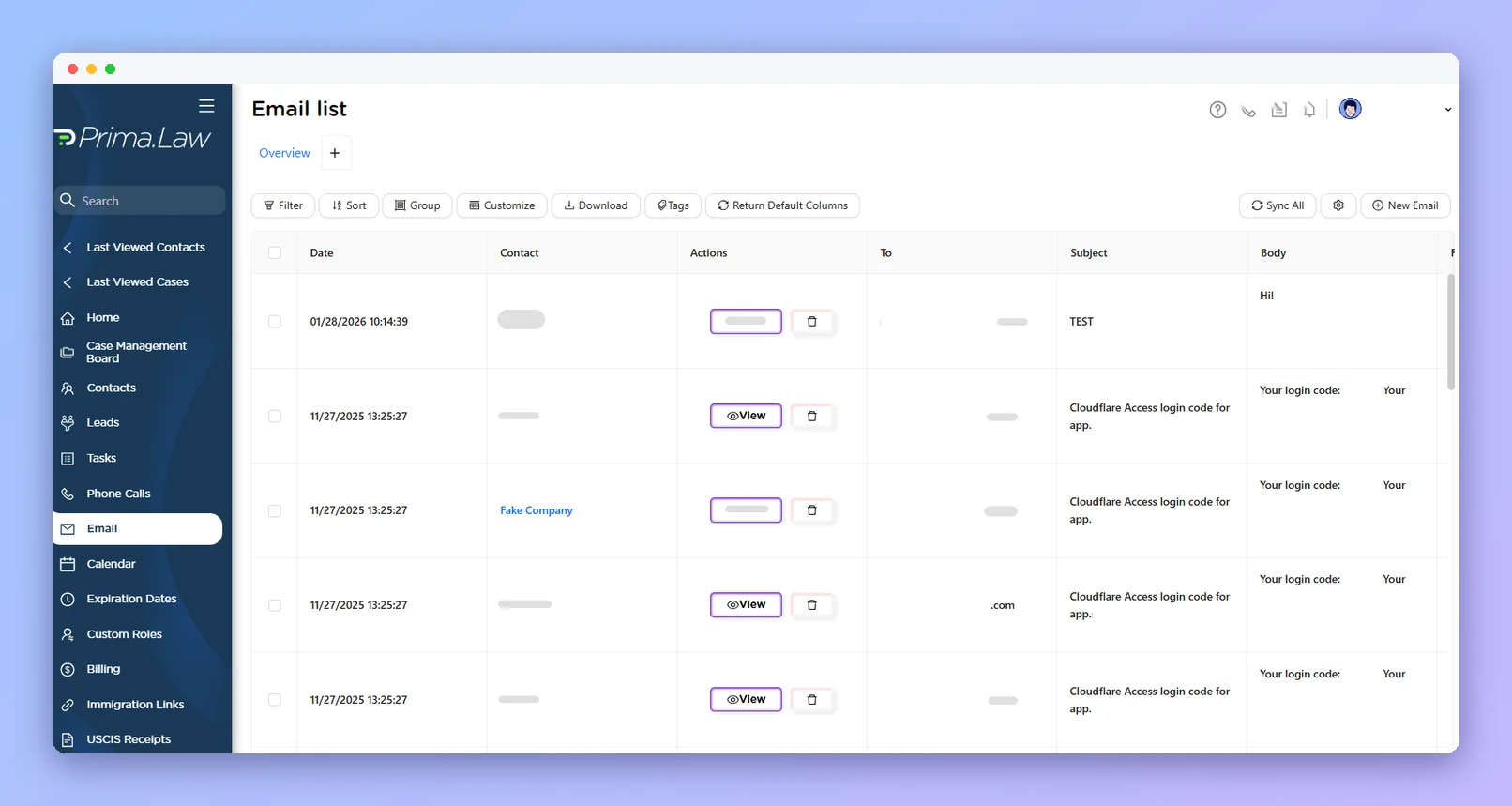 Prima.Law email list with Gmail and Outlook messages logged to contacts (anonymized example)