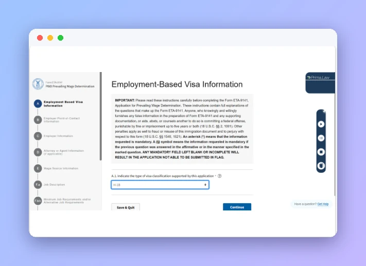 The Prima.Law Chrome extension filling Form ETA-9141 in DOL FLAG