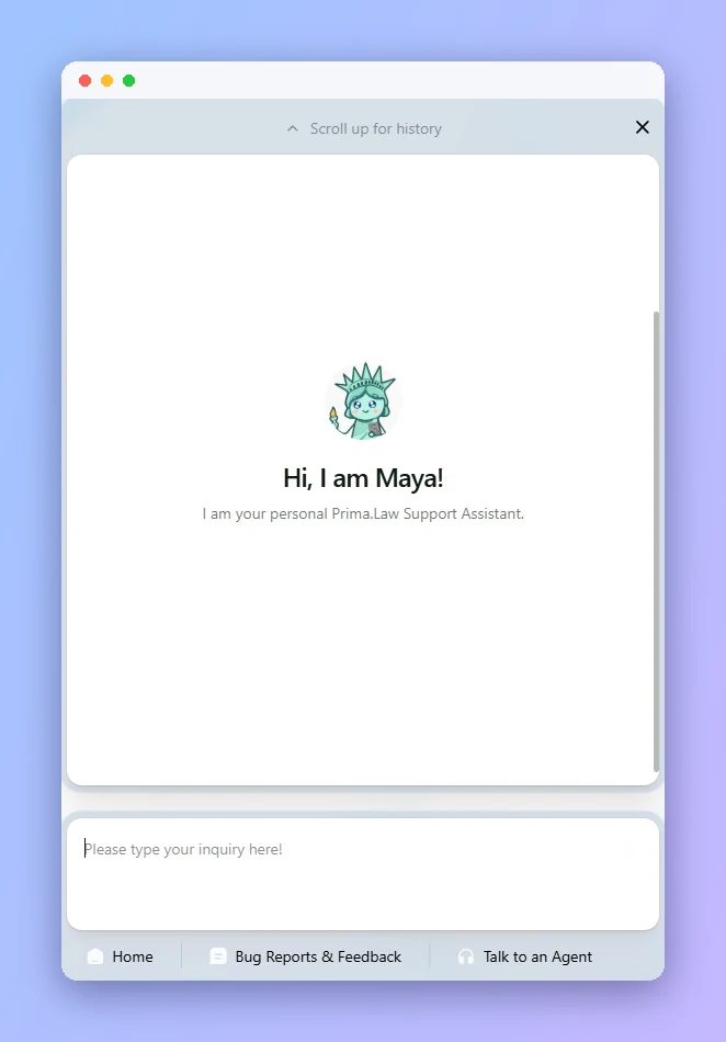 Maya, the Prima.Law in-app AI support assistant