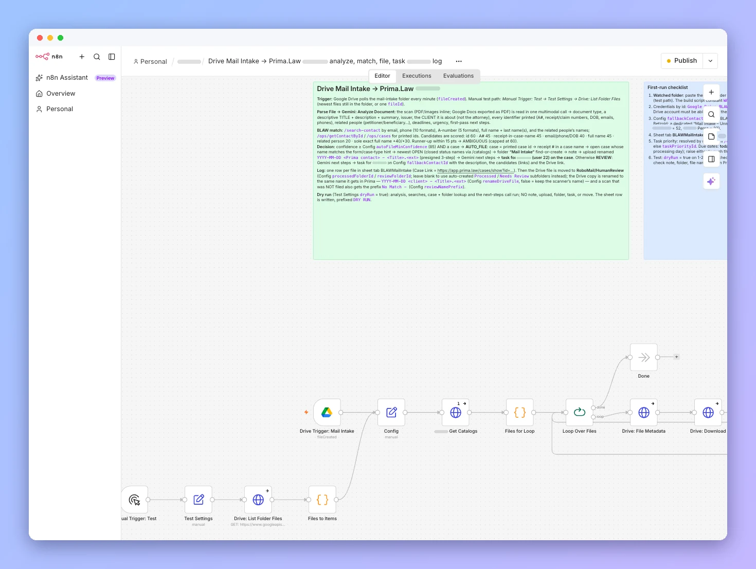n8n AI agent workflow that reads scanned mail with Gemini, matches the Prima.Law case and files it (anonymized example)