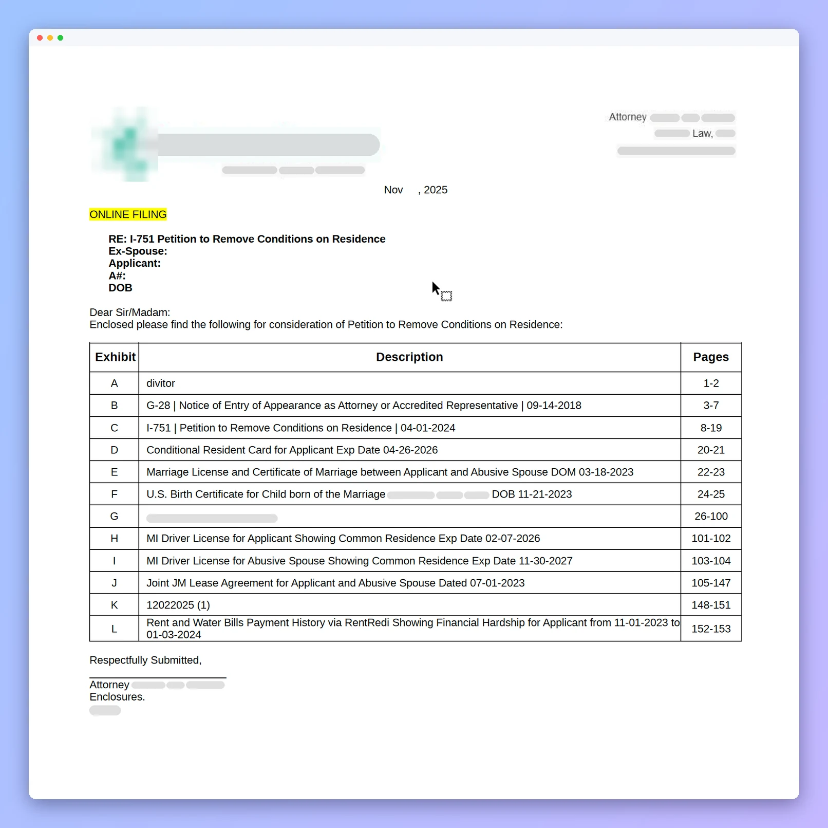 Cover letter with an automatic exhibit index generated by Prima.Law Package Assembly (anonymized example)