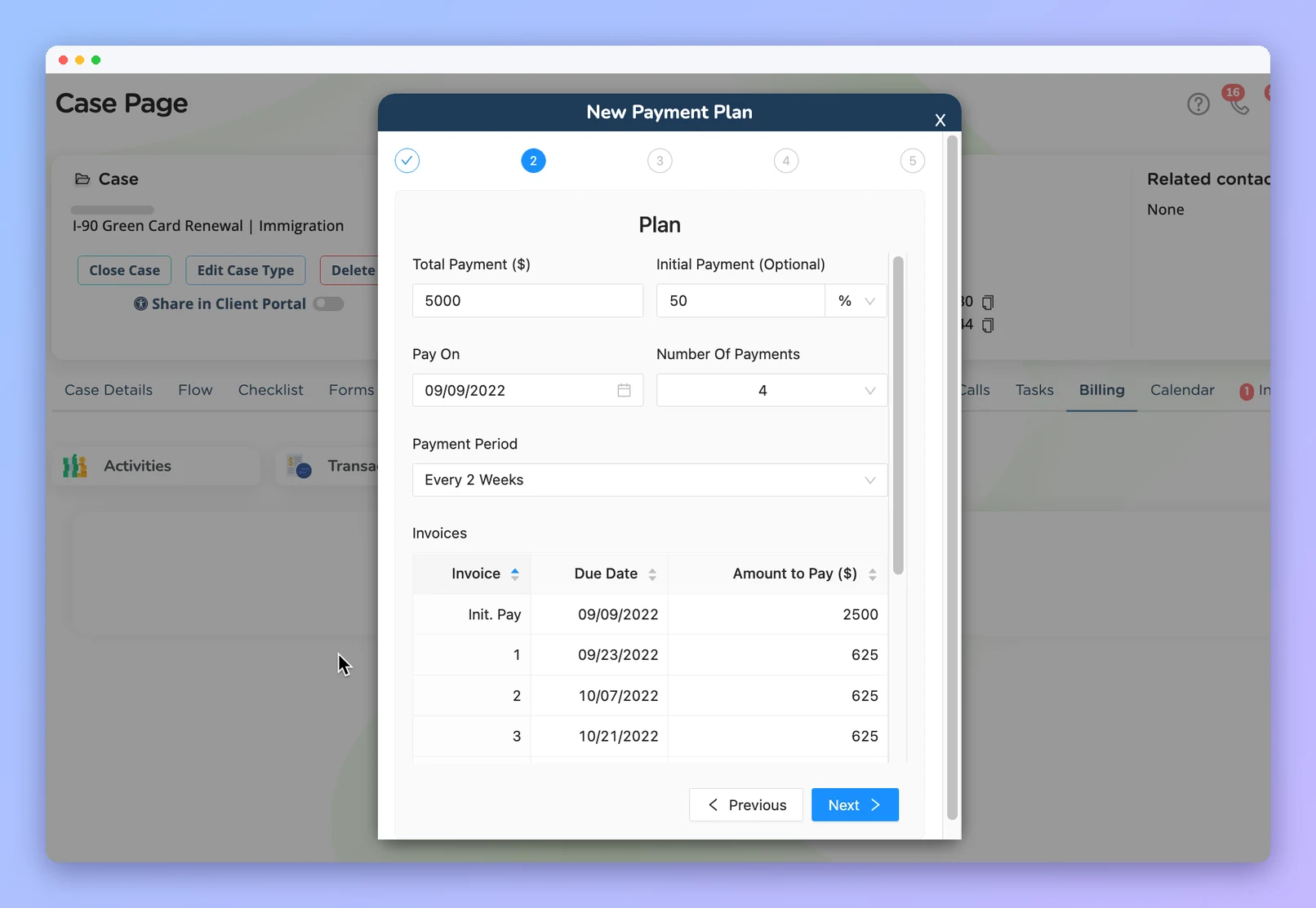 Prima.Law payment plan with an initial payment and installments every two weeks (anonymized example)