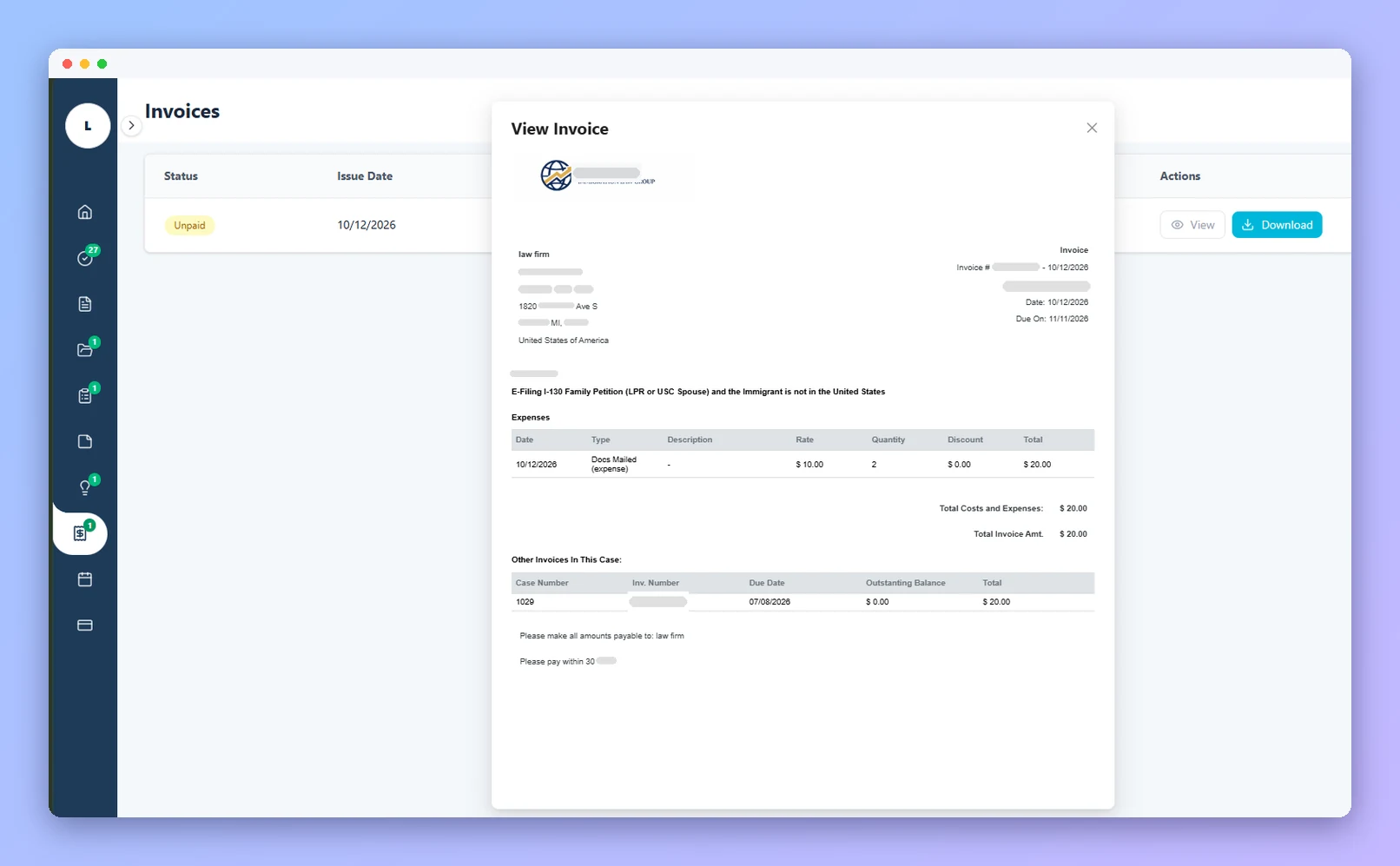 A client viewing an invoice in the Prima.Law client portal (anonymized example)