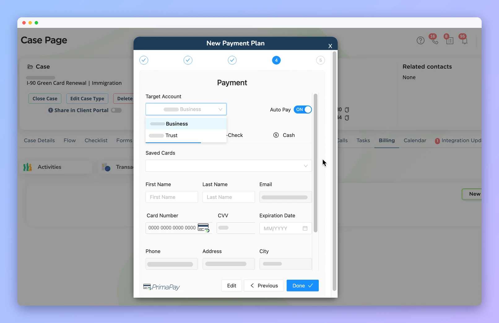 Choosing the operating or trust account, autopay and payment method for a PrimaPay+ payment (anonymized example)