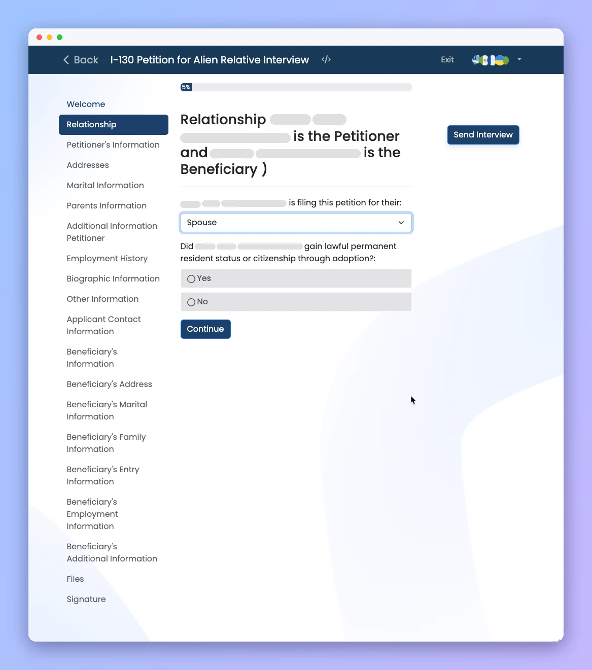 A Smart Interview questionnaire as the client sees it, with language options (anonymized example)