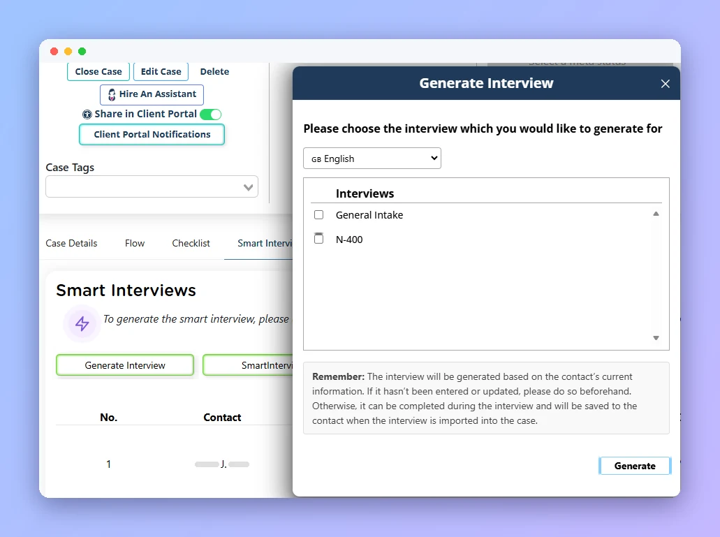 Generating a Smart Interview questionnaire in Prima.Law (anonymized example)