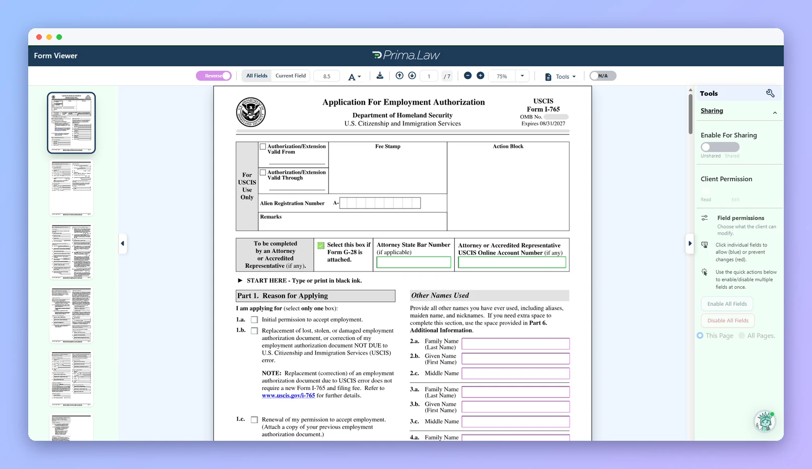 Prima.Law form viewer with a USCIS Form I-765 ready to autofill (anonymized example)